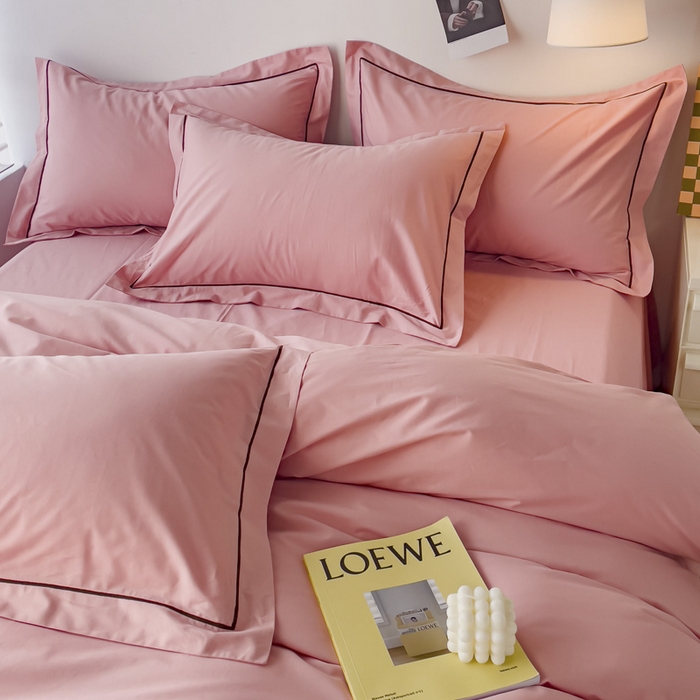 91家纺网 家纺一手货源 找家纺 锦彩家居 2026新款40支正宗13372双拼纯色全棉四件套酒店宾馆民宿学生三件套（可定制）标准号的床单是圆角吊边；小号和加大的床单都是直角 浅豆沙