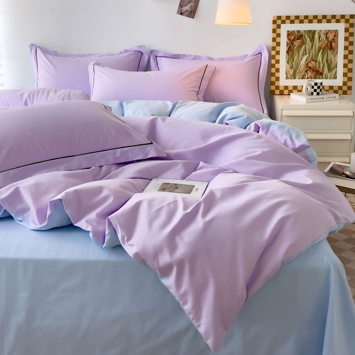 91家纺网 家纺一手货源 找家纺 锦彩家居 2026新款40支正宗13372双拼纯色全棉四件套酒店宾馆民宿学生三件套（可定制）标准号的床单是圆角吊边；小号和加大的床单都是直角 浅紫-天蓝