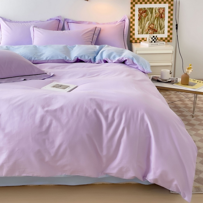 91家纺网 家纺一手货源 找家纺 锦彩家居 2026新款40支正宗13372双拼纯色全棉四件套酒店宾馆民宿学生三件套（可定制）标准号的床单是圆角吊边；小号和加大的床单都是直角 浅紫-天蓝