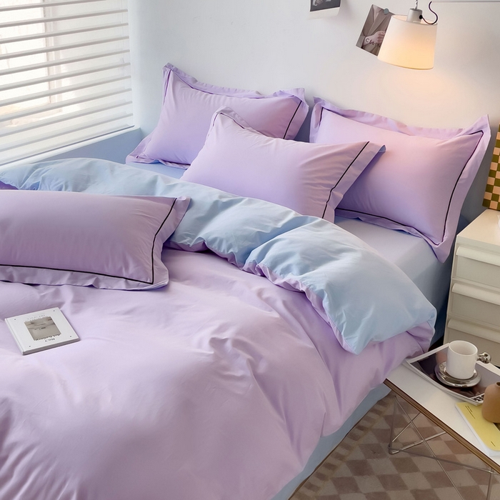 91家纺网 家纺一手货源 找家纺 锦彩家居 2026新款40支正宗13372双拼纯色全棉四件套酒店宾馆民宿学生三件套（可定制）标准号的床单是圆角吊边；小号和加大的床单都是直角 浅紫-天蓝