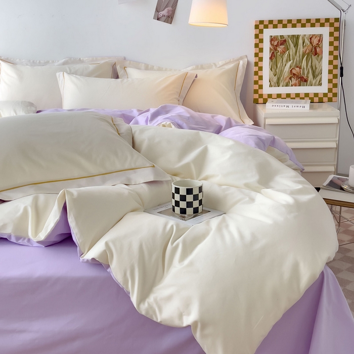 91家纺网 家纺一手货源 找家纺 锦彩家居 2026新款40支正宗13372双拼纯色全棉四件套酒店宾馆民宿学生三件套（可定制）标准号的床单是圆角吊边；小号和加大的床单都是直角 奶昔白-浅紫