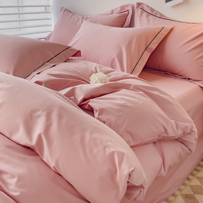 锦彩家居 2026新款40支正宗13372双拼纯色全棉四件套酒店宾馆民宿学生三件套（可定制）标准号的床单是圆角吊边；小号和加大的床单都是直角 浅豆沙