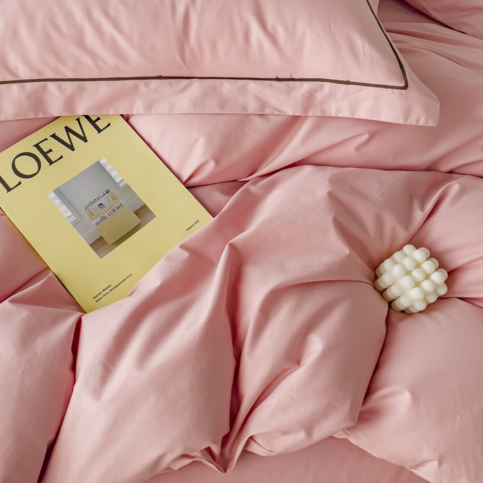 91家纺网 家纺一手货源 找家纺 锦彩家居 2026新款40支正宗13372双拼纯色全棉四件套酒店宾馆民宿学生三件套（可定制）标准号的床单是圆角吊边；小号和加大的床单都是直角 浅豆沙