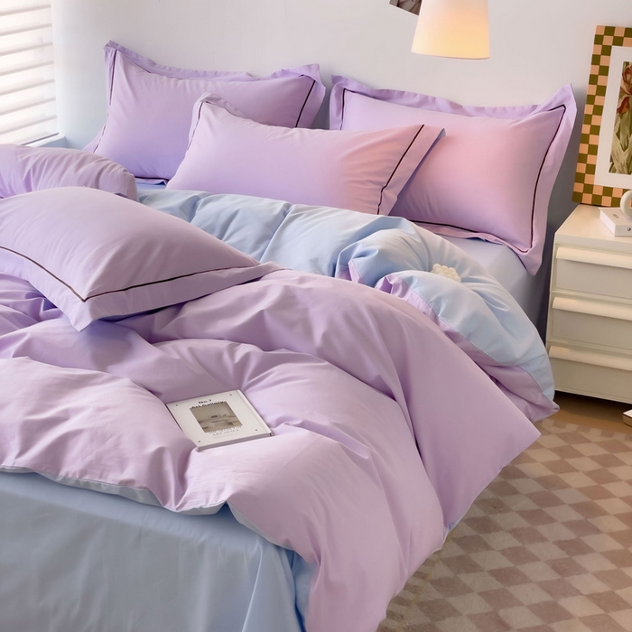 91家纺网 家纺一手货源 找家纺 锦彩家居 2026新款40支正宗13372双拼纯色全棉四件套酒店宾馆民宿学生三件套（可定制）标准号的床单是圆角吊边；小号和加大的床单都是直角 浅紫-天蓝