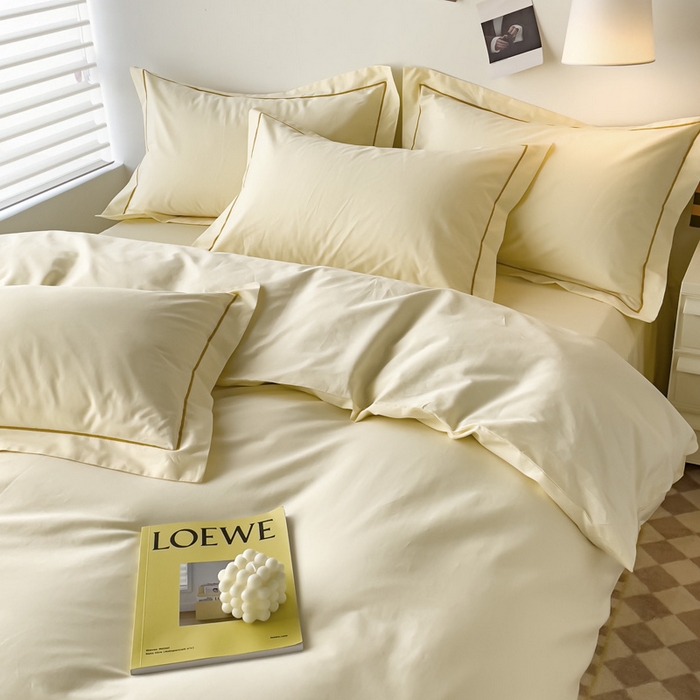 91家纺网 家纺一手货源 找家纺 锦彩家居 2026新款40支正宗13372双拼纯色全棉四件套酒店宾馆民宿学生三件套（可定制）标准号的床单是圆角吊边；小号和加大的床单都是直角 奶昔白