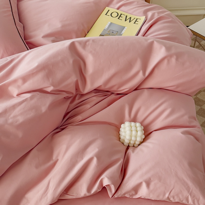 91家纺网 家纺一手货源 找家纺 锦彩家居 2026新款40支正宗13372双拼纯色全棉四件套酒店宾馆民宿学生三件套（可定制）标准号的床单是圆角吊边；小号和加大的床单都是直角 浅豆沙