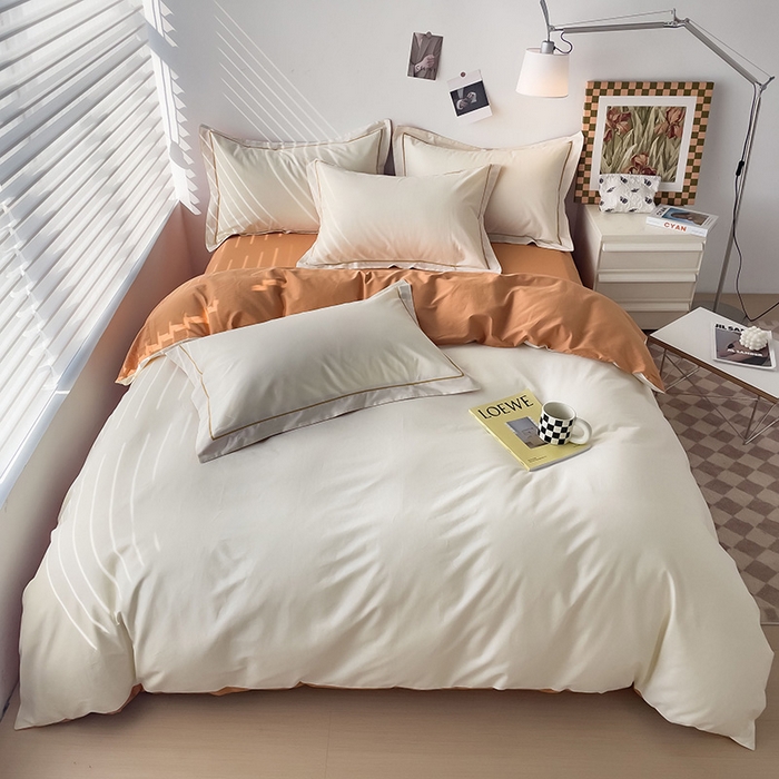 91家纺网 家纺一手货源 找家纺 锦彩家居 2026新款40支正宗13372双拼纯色全棉四件套酒店宾馆民宿学生三件套（可定制）标准号的床单是圆角吊边；小号和加大的床单都是直角 奶昔白-南瓜橘