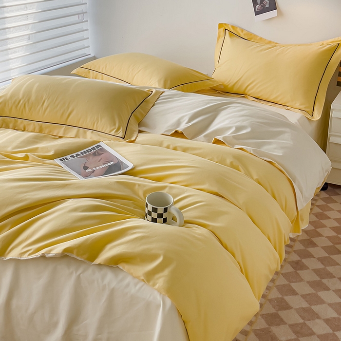 91家纺网 家纺一手货源 找家纺 锦彩家居 2026新款40支正宗13372双拼纯色全棉四件套酒店宾馆民宿学生三件套（可定制）标准号的床单是圆角吊边；小号和加大的床单都是直角 初黄-奶昔白