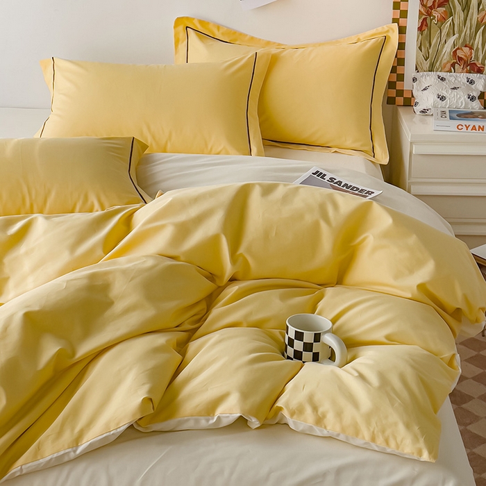 91家纺网 家纺一手货源 找家纺 锦彩家居 2026新款40支正宗13372双拼纯色全棉四件套酒店宾馆民宿学生三件套（可定制）标准号的床单是圆角吊边；小号和加大的床单都是直角 初黄-奶昔白