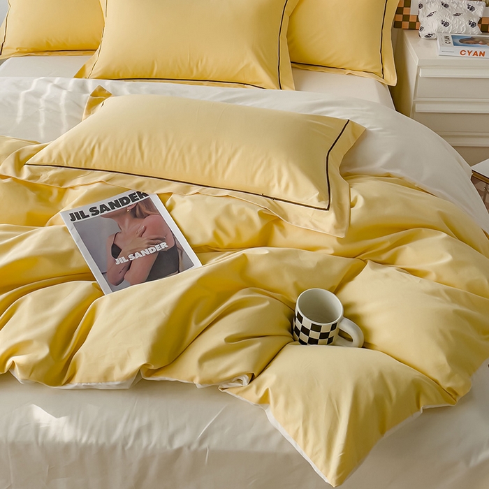 91家纺网 家纺一手货源 找家纺 锦彩家居 2026新款40支正宗13372双拼纯色全棉四件套酒店宾馆民宿学生三件套（可定制）标准号的床单是圆角吊边；小号和加大的床单都是直角 初黄-奶昔白