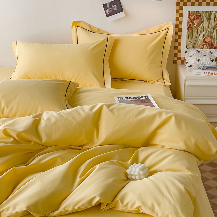 91家纺网 家纺一手货源 找家纺 锦彩家居 2026新款40支正宗13372双拼纯色全棉四件套酒店宾馆民宿学生三件套（可定制）标准号的床单是圆角吊边；小号和加大的床单都是直角 初黄