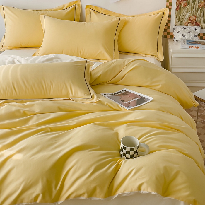 91家纺网 家纺一手货源 找家纺 锦彩家居 2026新款40支正宗13372双拼纯色全棉四件套酒店宾馆民宿学生三件套（可定制）标准号的床单是圆角吊边；小号和加大的床单都是直角 初黄-奶昔白