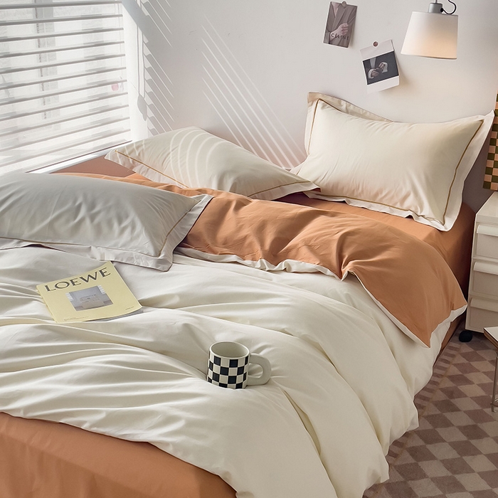 91家纺网 家纺一手货源 找家纺 锦彩家居 2026新款40支正宗13372双拼纯色全棉四件套酒店宾馆民宿学生三件套（可定制）标准号的床单是圆角吊边；小号和加大的床单都是直角 奶昔白-南瓜橘