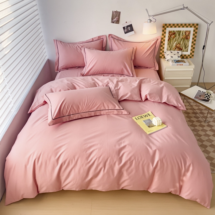 91家纺网 家纺一手货源 找家纺 锦彩家居 2026新款40支正宗13372双拼纯色全棉四件套酒店宾馆民宿学生三件套（可定制）标准号的床单是圆角吊边；小号和加大的床单都是直角 浅豆沙