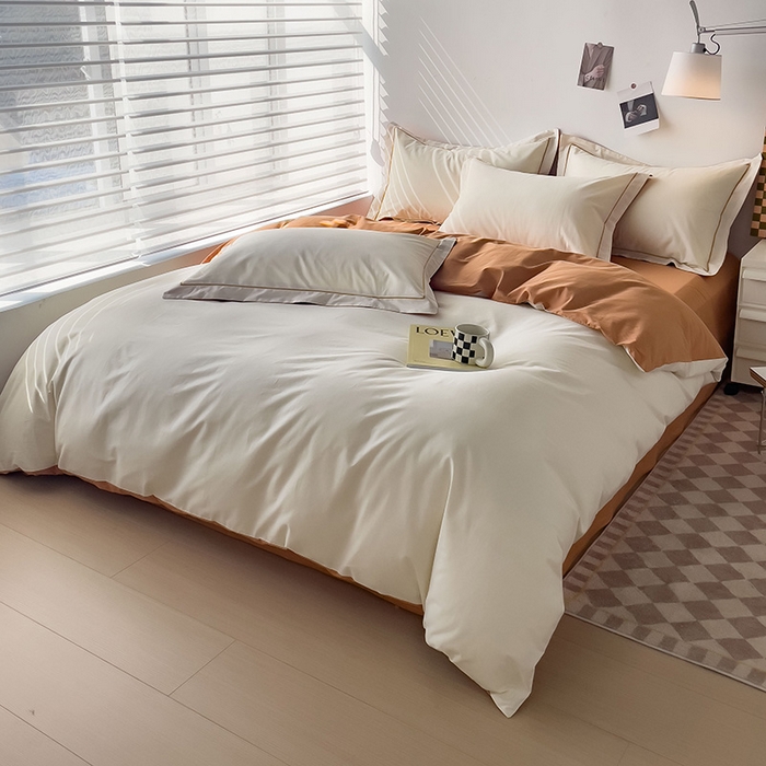 91家纺网 家纺一手货源 找家纺 锦彩家居 2026新款40支正宗13372双拼纯色全棉四件套酒店宾馆民宿学生三件套（可定制）标准号的床单是圆角吊边；小号和加大的床单都是直角 奶昔白-南瓜橘