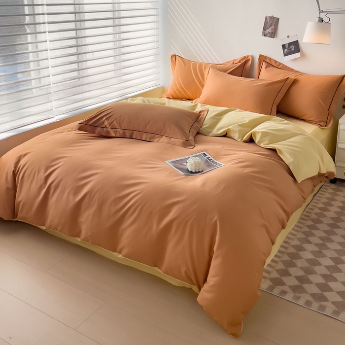 91家纺网 家纺一手货源 找家纺 锦彩家居 2026新款40支正宗13372双拼纯色全棉四件套酒店宾馆民宿学生三件套（可定制）标准号的床单是圆角吊边；小号和加大的床单都是直角 南瓜橘-初黄