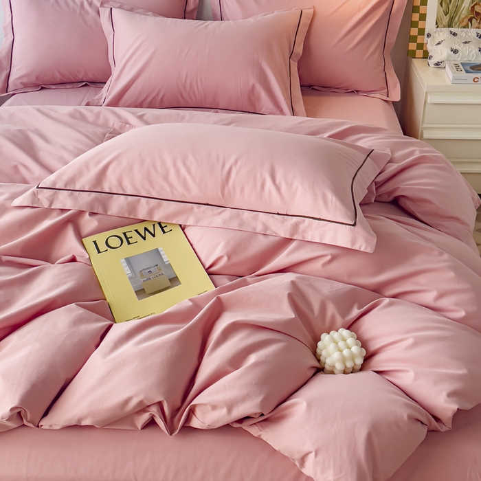 91家纺网 家纺一手货源 找家纺 锦彩家居 2026新款40支正宗13372双拼纯色全棉四件套酒店宾馆民宿学生三件套（可定制）标准号的床单是圆角吊边；小号和加大的床单都是直角 浅豆沙