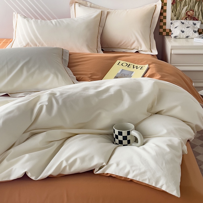 91家纺网 家纺一手货源 找家纺 锦彩家居 2026新款40支正宗13372双拼纯色全棉四件套酒店宾馆民宿学生三件套（可定制）标准号的床单是圆角吊边；小号和加大的床单都是直角 奶昔白-南瓜橘