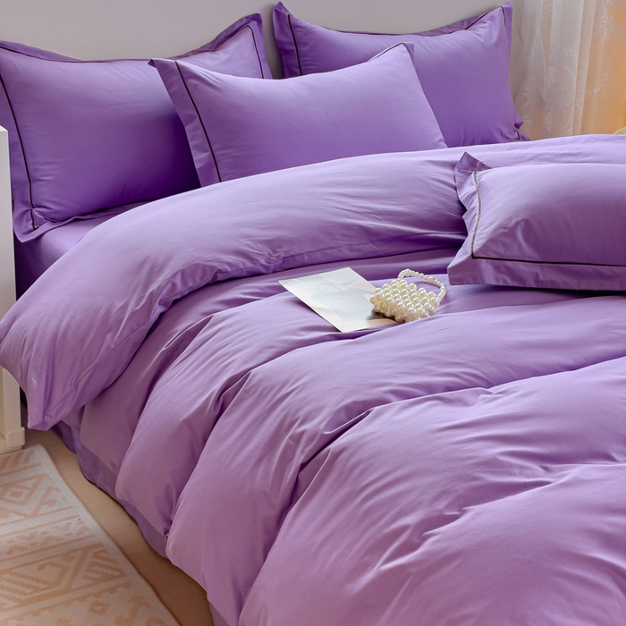91家纺网 家纺一手货源 找家纺 锦彩家居 2026新款40支正宗13372双拼纯色全棉四件套酒店宾馆民宿学生三件套（可定制）标准号的床单是圆角吊边；小号和加大的床单都是直角 葡萄紫