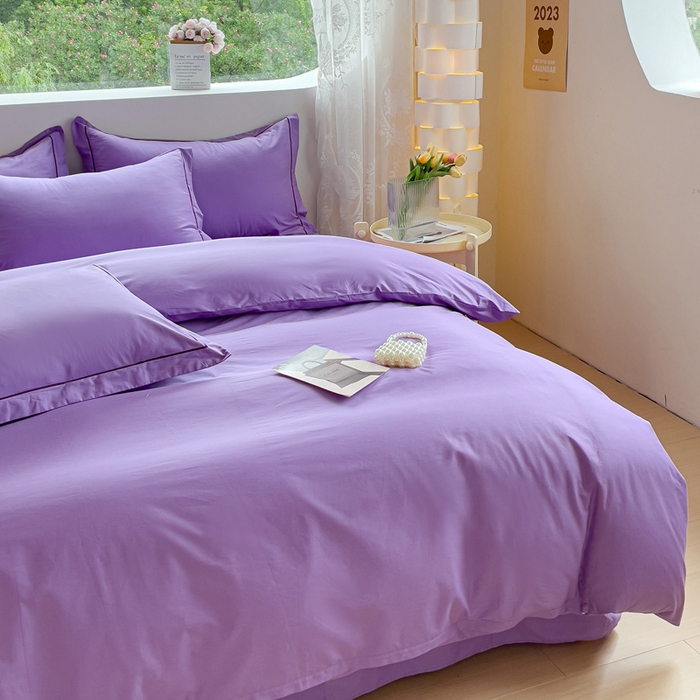 91家纺网 家纺一手货源 找家纺 锦彩家居 2026新款40支正宗13372双拼纯色全棉四件套酒店宾馆民宿学生三件套（可定制）标准号的床单是圆角吊边；小号和加大的床单都是直角 葡萄紫