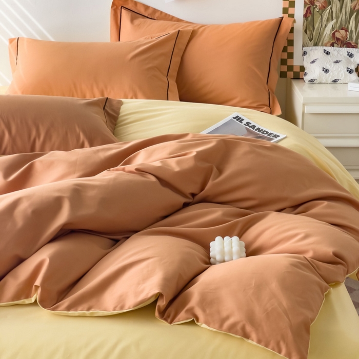 91家纺网 家纺一手货源 找家纺 锦彩家居 2026新款40支正宗13372双拼纯色全棉四件套酒店宾馆民宿学生三件套（可定制）标准号的床单是圆角吊边；小号和加大的床单都是直角 南瓜橘-初黄