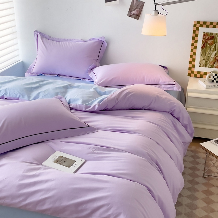 91家纺网 家纺一手货源 找家纺 锦彩家居 2026新款40支正宗13372双拼纯色全棉四件套酒店宾馆民宿学生三件套（可定制）标准号的床单是圆角吊边；小号和加大的床单都是直角 浅紫-天蓝