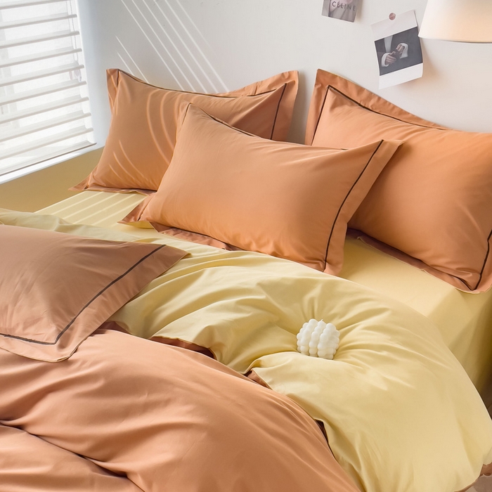 91家纺网 家纺一手货源 找家纺 锦彩家居 2026新款40支正宗13372双拼纯色全棉四件套酒店宾馆民宿学生三件套（可定制）标准号的床单是圆角吊边；小号和加大的床单都是直角 南瓜橘-初黄