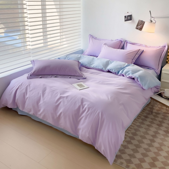 91家纺网 家纺一手货源 找家纺 锦彩家居 2026新款40支正宗13372双拼纯色全棉四件套酒店宾馆民宿学生三件套（可定制）标准号的床单是圆角吊边；小号和加大的床单都是直角 浅紫-天蓝