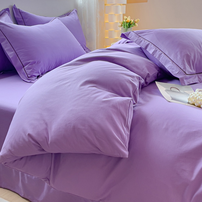 91家纺网 家纺一手货源 找家纺 锦彩家居 2026新款40支正宗13372双拼纯色全棉四件套酒店宾馆民宿学生三件套（可定制）标准号的床单是圆角吊边；小号和加大的床单都是直角 葡萄紫