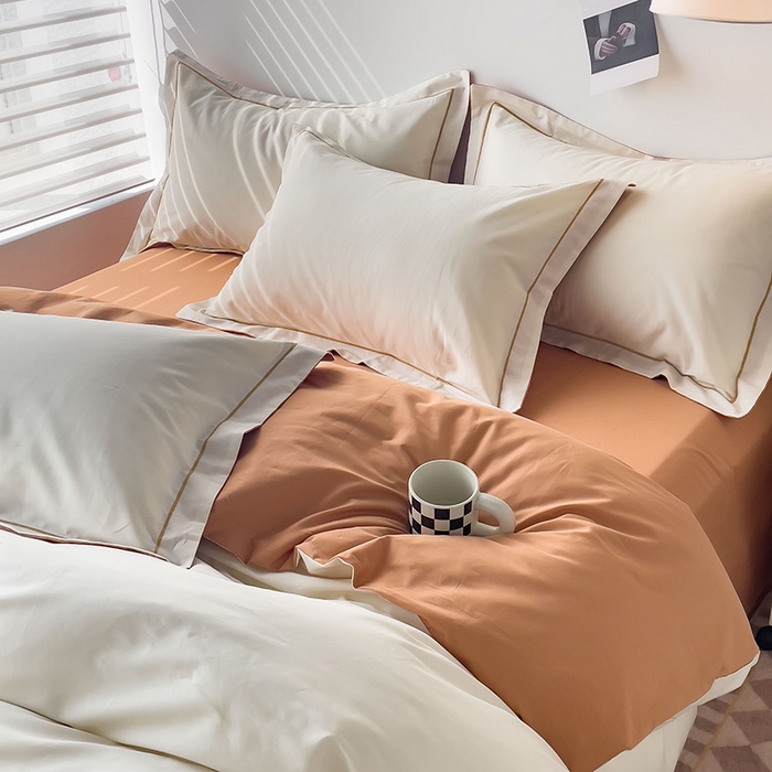 91家纺网 家纺一手货源 找家纺 锦彩家居 2026新款40支正宗13372双拼纯色全棉四件套酒店宾馆民宿学生三件套（可定制）标准号的床单是圆角吊边；小号和加大的床单都是直角 奶昔白-南瓜橘