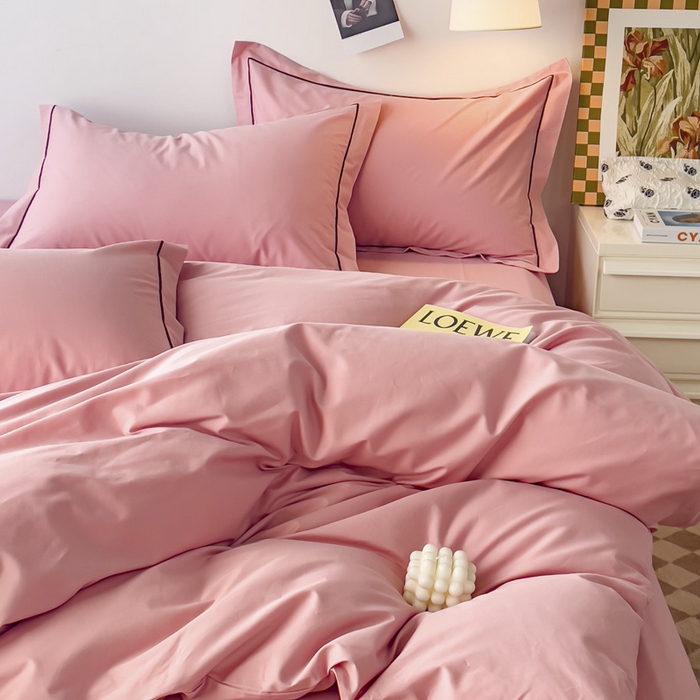 91家纺网 家纺一手货源 找家纺 锦彩家居 2026新款40支正宗13372双拼纯色全棉四件套酒店宾馆民宿学生三件套（可定制）标准号的床单是圆角吊边；小号和加大的床单都是直角 浅豆沙