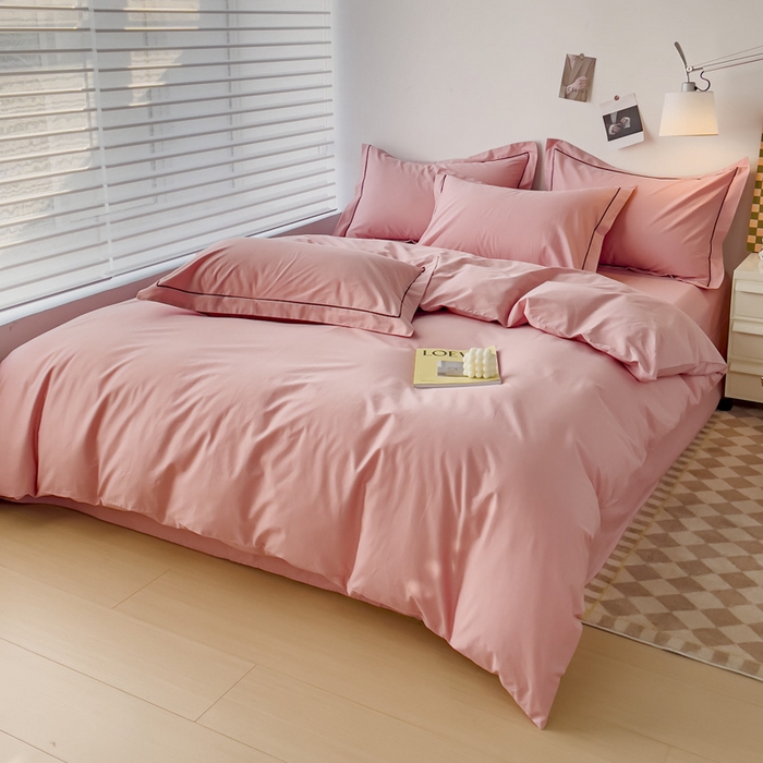 91家纺网 家纺一手货源 找家纺 锦彩家居 2026新款40支正宗13372双拼纯色全棉四件套酒店宾馆民宿学生三件套（可定制）标准号的床单是圆角吊边；小号和加大的床单都是直角 浅豆沙