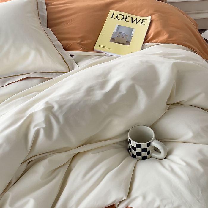 91家纺网 家纺一手货源 找家纺 锦彩家居 2026新款40支正宗13372双拼纯色全棉四件套酒店宾馆民宿学生三件套（可定制）标准号的床单是圆角吊边；小号和加大的床单都是直角 奶昔白-南瓜橘