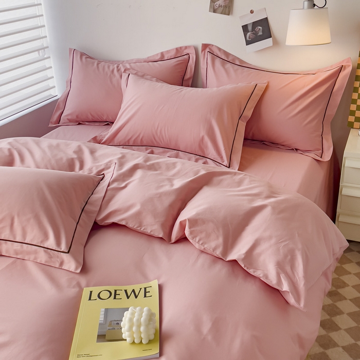 91家纺网 家纺一手货源 找家纺 锦彩家居 2026新款40支正宗13372双拼纯色全棉四件套酒店宾馆民宿学生三件套（可定制）标准号的床单是圆角吊边；小号和加大的床单都是直角 浅豆沙