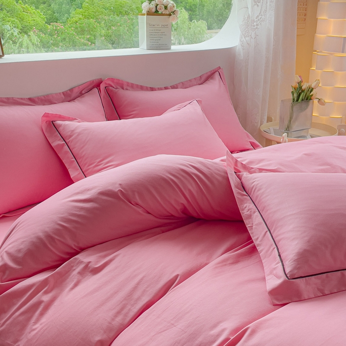 91家纺网 家纺一手货源 找家纺 锦彩家居 2026新款40支正宗13372双拼纯色全棉四件套酒店宾馆民宿学生三件套（可定制）标准号的床单是圆角吊边；小号和加大的床单都是直角 树莓