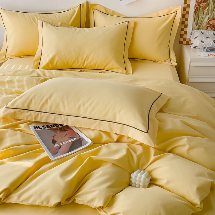 91家纺网 家纺一手货源 找家纺 锦彩家居 2026新款40支正宗13372双拼纯色全棉四件套酒店宾馆民宿学生三件套（可定制）标准号的床单是圆角吊边；小号和加大的床单都是直角 初黄