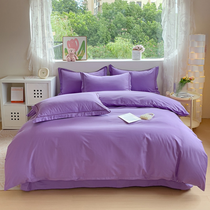 91家纺网 家纺一手货源 找家纺 锦彩家居 2026新款40支正宗13372双拼纯色全棉四件套酒店宾馆民宿学生三件套（可定制）标准号的床单是圆角吊边；小号和加大的床单都是直角 葡萄紫