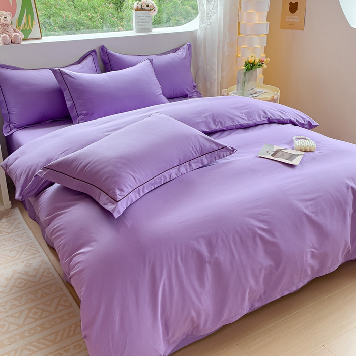 91家纺网 家纺一手货源 找家纺 锦彩家居 2026新款40支正宗13372双拼纯色全棉四件套酒店宾馆民宿学生三件套（可定制）标准号的床单是圆角吊边；小号和加大的床单都是直角 葡萄紫