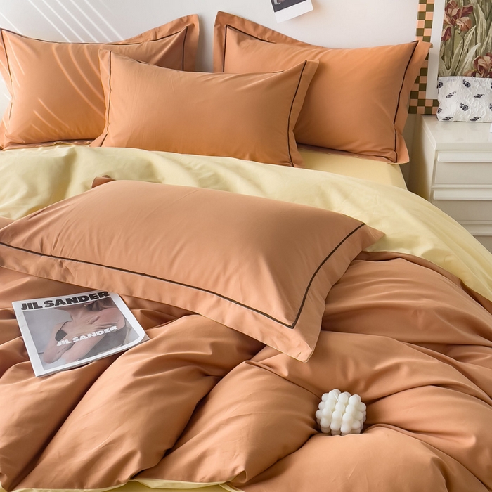 91家纺网 家纺一手货源 找家纺 锦彩家居 2026新款40支正宗13372双拼纯色全棉四件套酒店宾馆民宿学生三件套（可定制）标准号的床单是圆角吊边；小号和加大的床单都是直角 南瓜橘-初黄