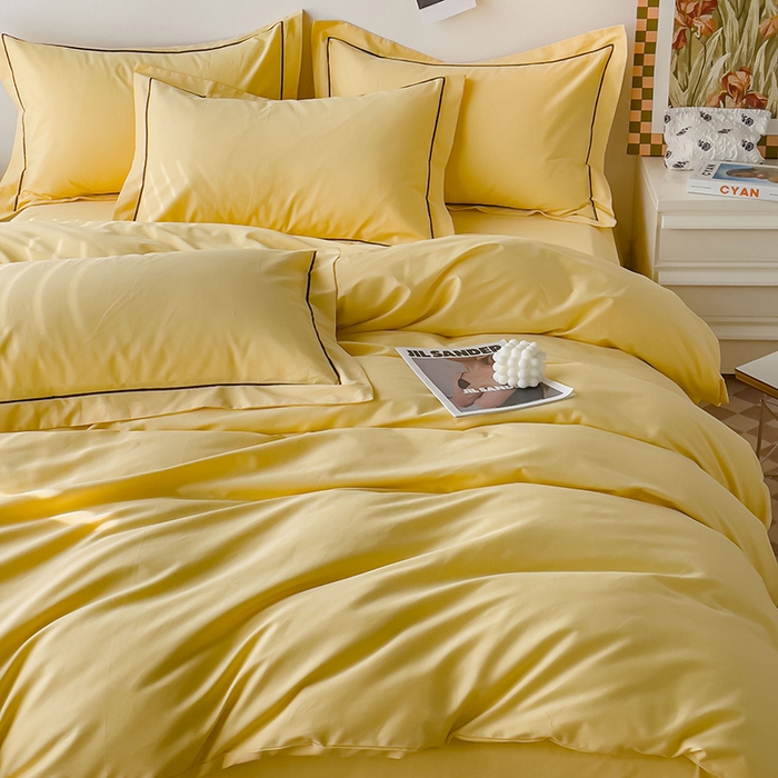 91家纺网 家纺一手货源 找家纺 锦彩家居 2026新款40支正宗13372双拼纯色全棉四件套酒店宾馆民宿学生三件套（可定制）标准号的床单是圆角吊边；小号和加大的床单都是直角 初黄