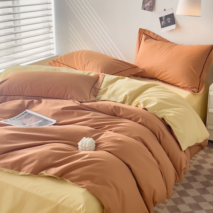 91家纺网 家纺一手货源 找家纺 锦彩家居 2026新款40支正宗13372双拼纯色全棉四件套酒店宾馆民宿学生三件套（可定制）标准号的床单是圆角吊边；小号和加大的床单都是直角 南瓜橘-初黄