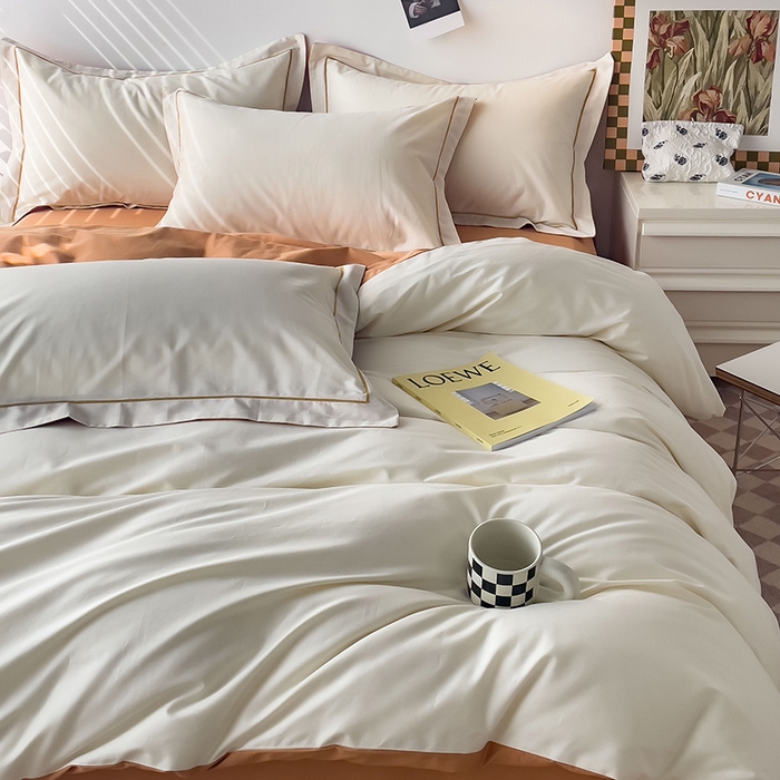 91家纺网 家纺一手货源 找家纺 锦彩家居 2026新款40支正宗13372双拼纯色全棉四件套酒店宾馆民宿学生三件套（可定制）标准号的床单是圆角吊边；小号和加大的床单都是直角 奶昔白-南瓜橘