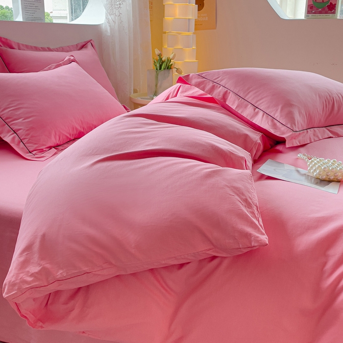 91家纺网 家纺一手货源 找家纺 锦彩家居 2026新款40支正宗13372双拼纯色全棉四件套酒店宾馆民宿学生三件套（可定制）标准号的床单是圆角吊边；小号和加大的床单都是直角 树莓