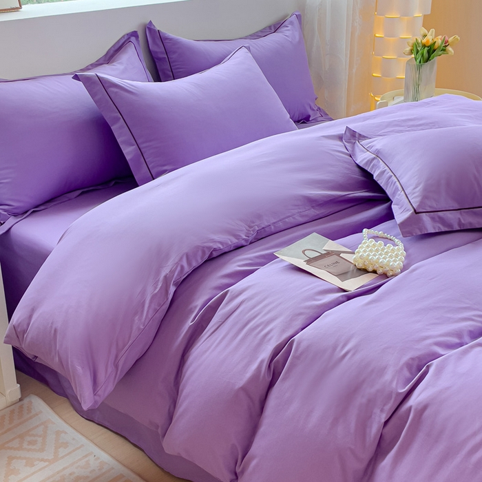 91家纺网 家纺一手货源 找家纺 锦彩家居 2026新款40支正宗13372双拼纯色全棉四件套酒店宾馆民宿学生三件套（可定制）标准号的床单是圆角吊边；小号和加大的床单都是直角 葡萄紫