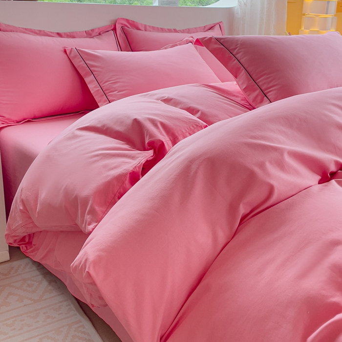 91家纺网 家纺一手货源 找家纺 锦彩家居 2026新款40支正宗13372双拼纯色全棉四件套酒店宾馆民宿学生三件套（可定制）标准号的床单是圆角吊边；小号和加大的床单都是直角 树莓