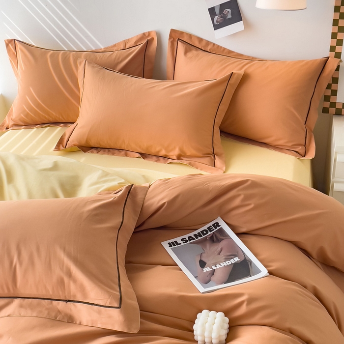 91家纺网 家纺一手货源 找家纺 锦彩家居 2026新款40支正宗13372双拼纯色全棉四件套酒店宾馆民宿学生三件套（可定制）标准号的床单是圆角吊边；小号和加大的床单都是直角 南瓜橘-初黄