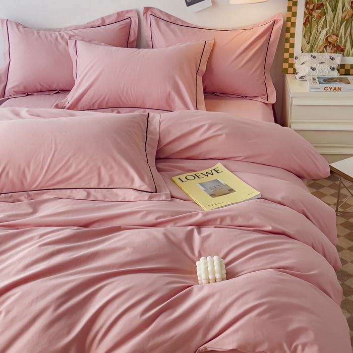 91家纺网 家纺一手货源 找家纺 锦彩家居 2026新款40支正宗13372双拼纯色全棉四件套酒店宾馆民宿学生三件套（可定制）标准号的床单是圆角吊边；小号和加大的床单都是直角 浅豆沙