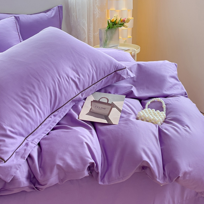 91家纺网 家纺一手货源 找家纺 锦彩家居 2026新款40支正宗13372双拼纯色全棉四件套酒店宾馆民宿学生三件套（可定制）标准号的床单是圆角吊边；小号和加大的床单都是直角 葡萄紫