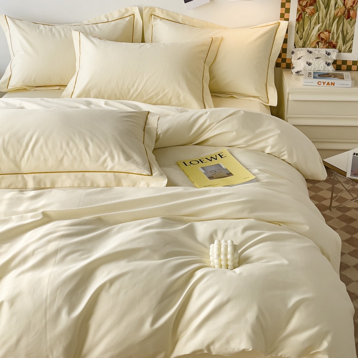 91家纺网 家纺一手货源 找家纺 锦彩家居 2026新款40支正宗13372双拼纯色全棉四件套酒店宾馆民宿学生三件套（可定制）标准号的床单是圆角吊边；小号和加大的床单都是直角 奶昔白