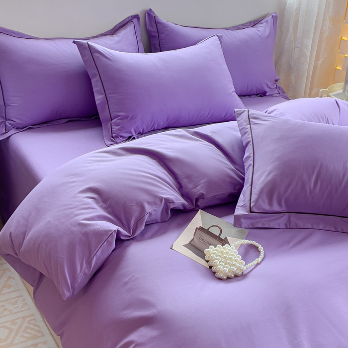 91家纺网 家纺一手货源 找家纺 锦彩家居 2026新款40支正宗13372双拼纯色全棉四件套酒店宾馆民宿学生三件套（可定制）标准号的床单是圆角吊边；小号和加大的床单都是直角 葡萄紫